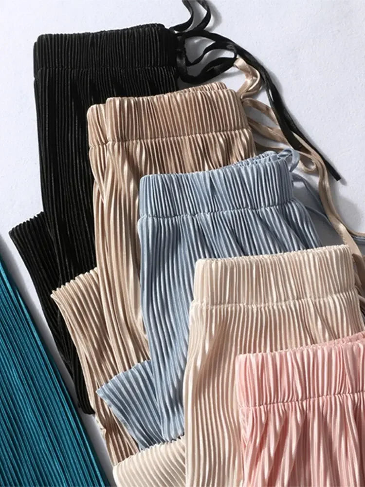 Summer Wide Leg Pants For Women Casual Elastic High Waist 2020 New Fashion Loose Long Pants Pleated Pant Trousers Femme