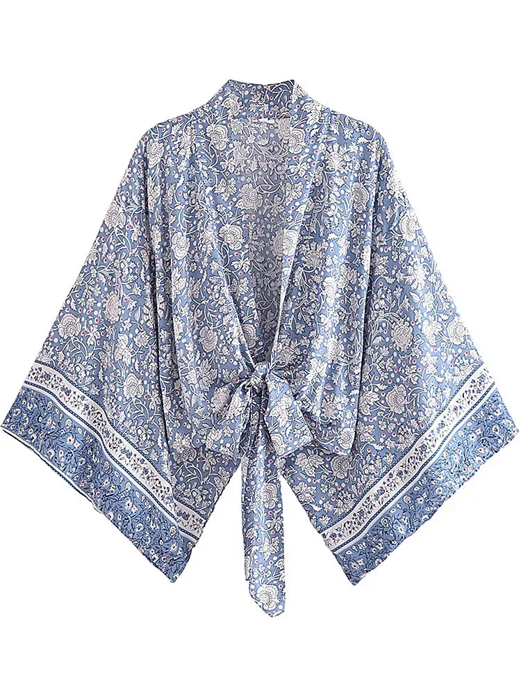 Vintage Porcelain Floral Boho Kimono Short Beach Robe