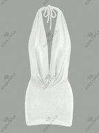 2026 Women New Year Bright Silk Dresses Sexy Stacked V Halter Neck Backless Knit Beach Mini Dress Summer Swimsuit Cover Up K145 Luxlife Brands