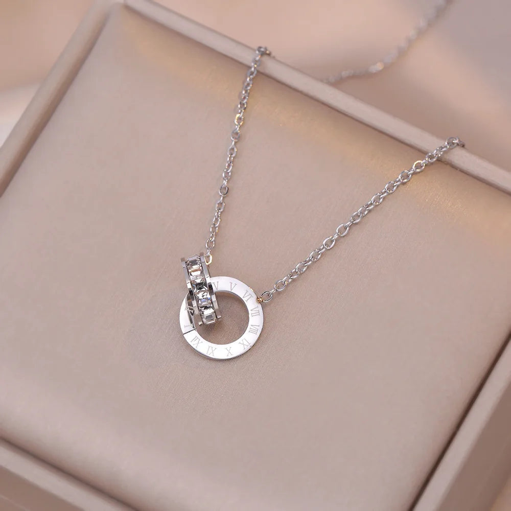 Luxury Elegant Crystal Circle Choker Fashion Roman Digital Stainless Steel Gold Silver Color Pendant Necklaces for Women Jewelry Luxlife Brands