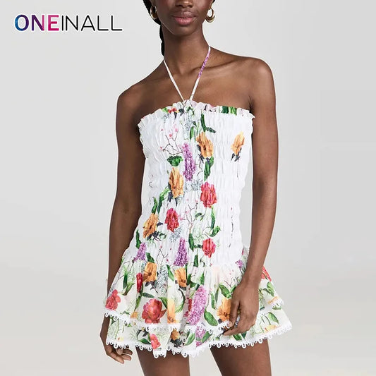 ONEINALL Hit Collor Slimming Dress For Women Halter Sleeveless Backless High Waist Temperament Spliced Folds Mini Dresses Female