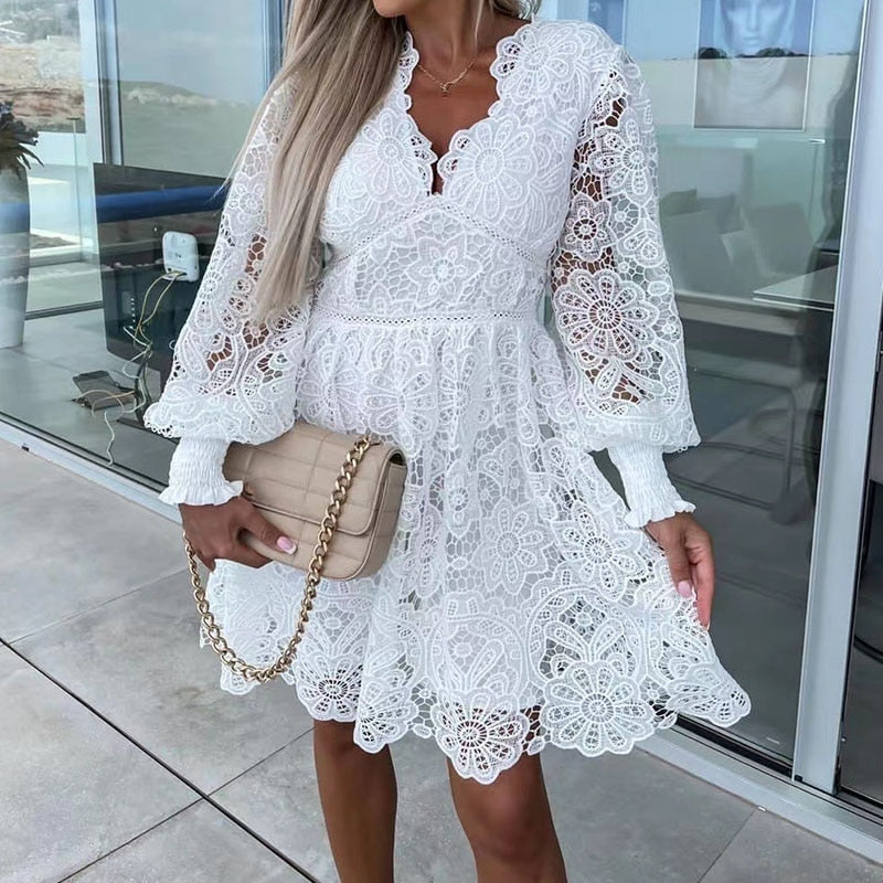 Summer Women Lace Dress Casual V-Neck Wide Swing Elegant Solid Dress Fashion Sexy Solid Color Mesh Splicing Slimming Party Dress