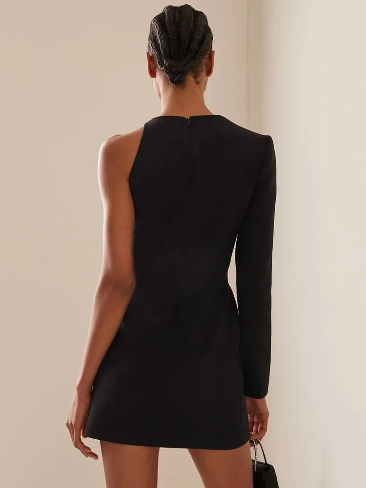 DEIVE TEGER 2023 New Women's One Shoulder Long Sleeve Mesh Patch Diamond Club Evening Sexy Party Mini Bandage Dress Vestidos LUXLIFE BRANDS