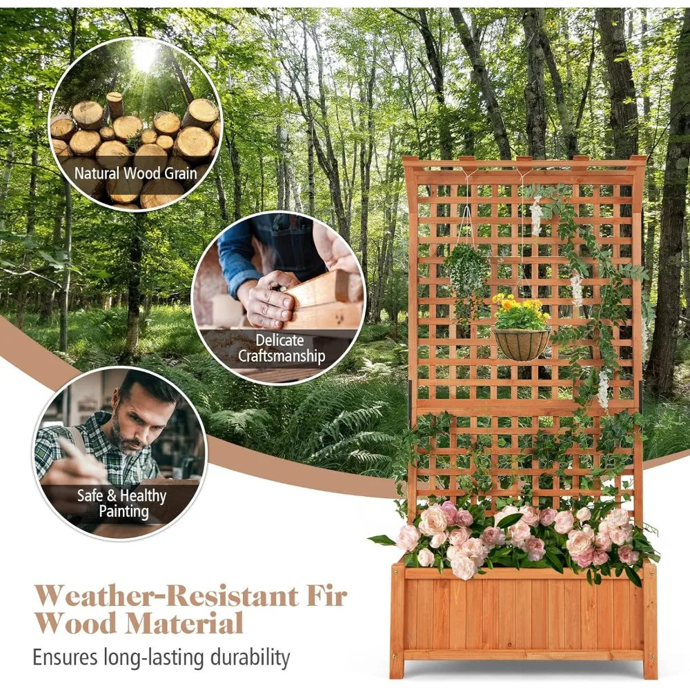 Planter with Trellis Set of 2,  Wood Planter Box with Lattice Trellis & Hanging Roof, Removable Base