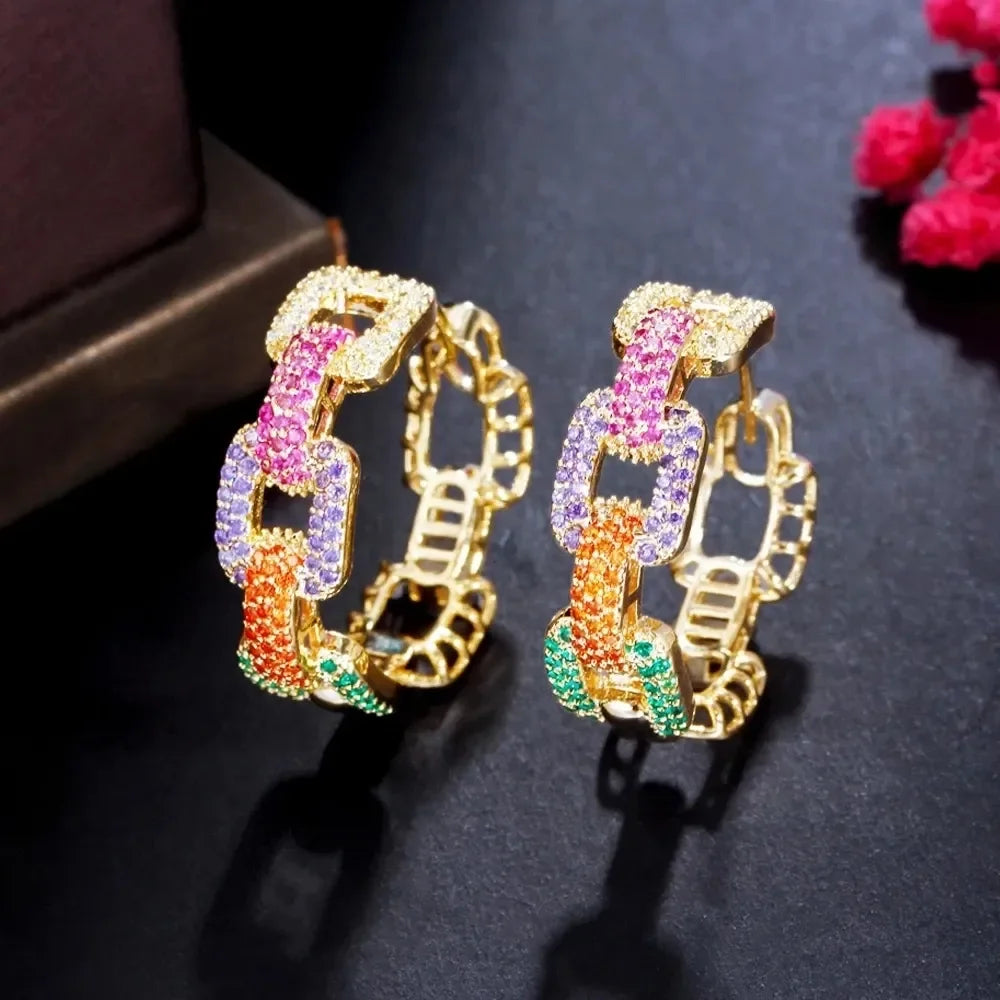 CWWZircons New Trendy Colorful Micro Pave CZ Stones Gold Plated Geometric Cuban Chain Link Hoop Earrings for Women Jewelry CZ345 LUXLIFE BRANDS