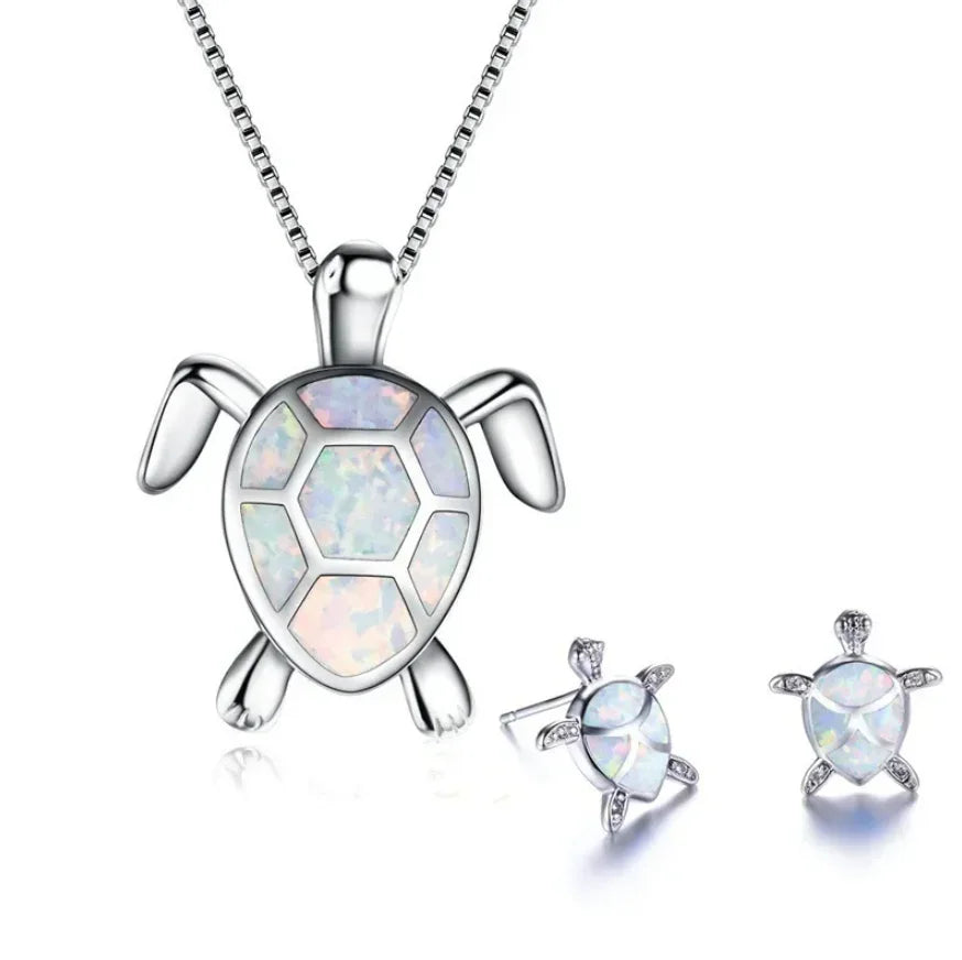 Classic Cute Sea Turtle Necklace Earrings Trendy Animal Fire Opal Stud Earring For Women Boho Summer Beach Set  Custom Jewelry