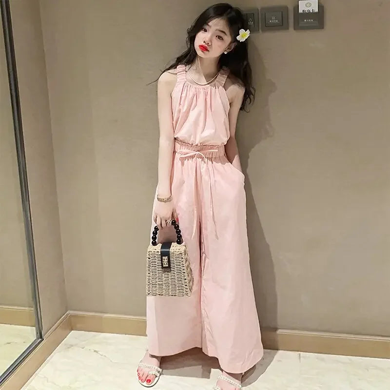 Summer Teen Girls Clothing Sets Children Fashion Princess Tops + Wide Leg Pants 2Pcs Outfits Kids Tracksuit 5 6 8 10 12 14 Years