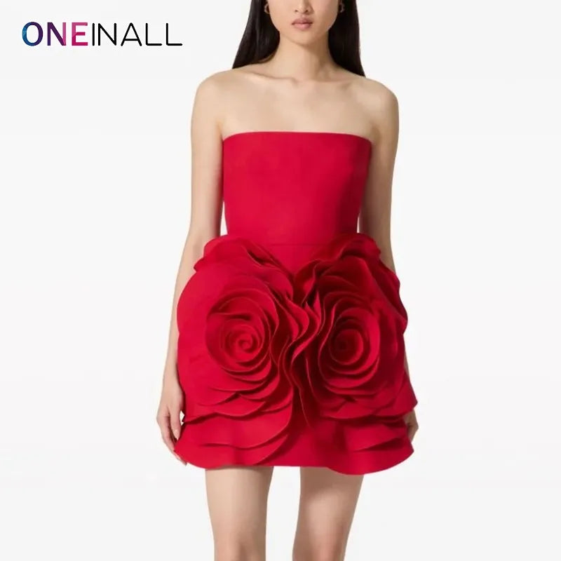 ONEINALL Solid Patchwork Appliques Slimming Dress For Women Strapless Sleeveless High Waist Spliced Zipper Dresses Female New