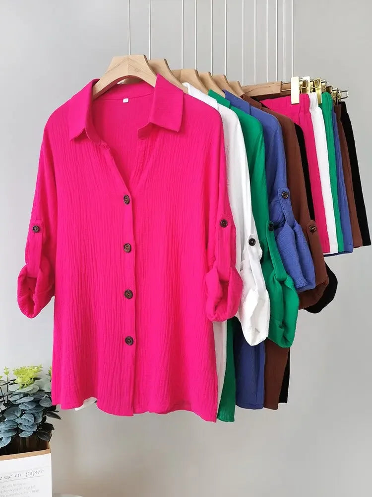 2023 Summer Beach Casual Button White Women's Sets Cotton Linen Two Pieces Sets Long Sleeve Shirt and Shorts Women Set Outfits