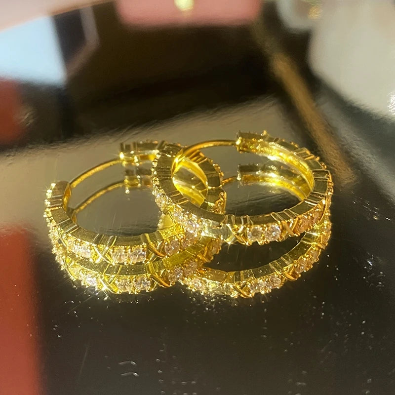 Huitan Novel Women's Hoop Earrings Gold Color Exquisite Cubic Zirconia Circle Earrings Daily Wear Fashionable Female Jewelry Hot LUXLIFE BRANDS
