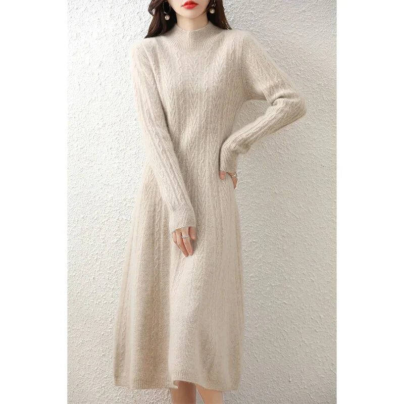 Elegant Fashion Dresses Cashmere Sweater Knitted Long Dress 100% Merino Wool Women Turtleneck Office Skirt Autumn Winter Clothes LUXLIFE BRANDS