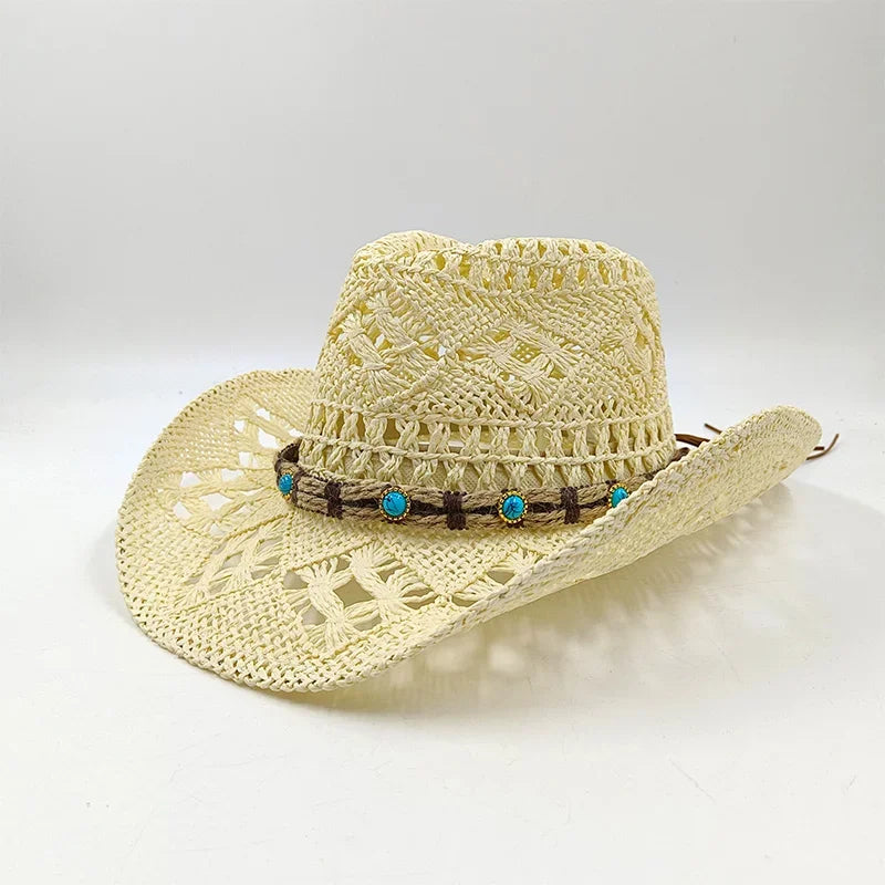 Hand-woven hollow denim straw hat men's and women's summer sunscreen hat western cowboy straw hat sombrero mujer sombrero hombre