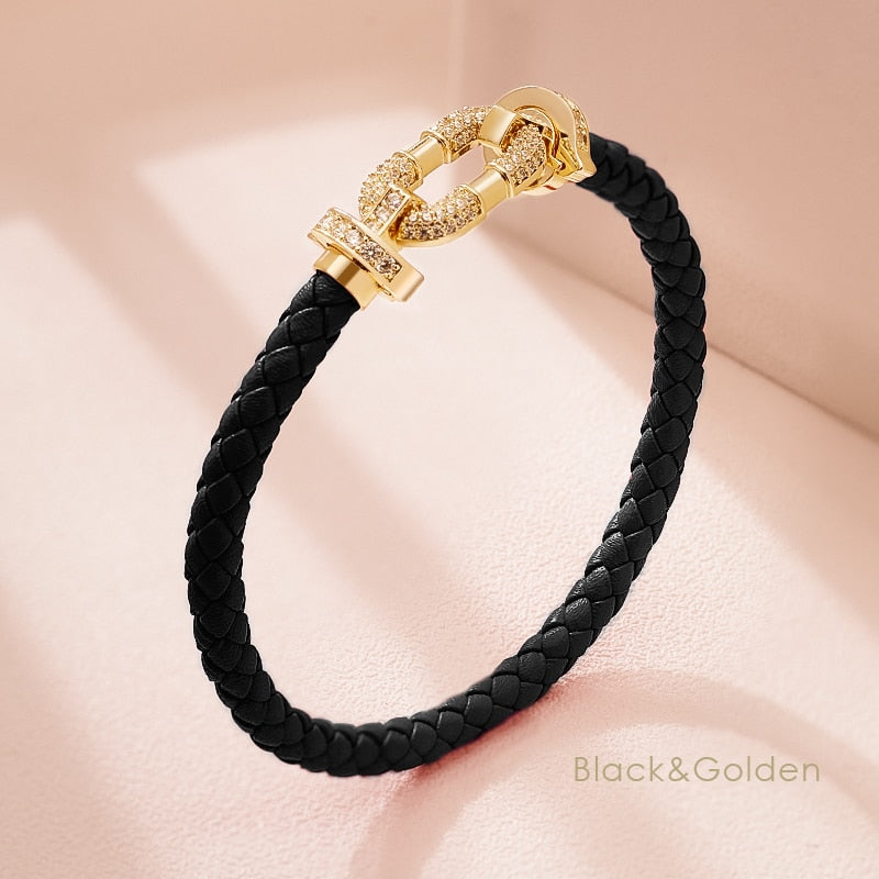 MOONLIGHT Women's Trendy Round Metal Brand Genuine Braided Leather Bracelet Cubic Zirconia Bracelet Female Jewelry Accessories