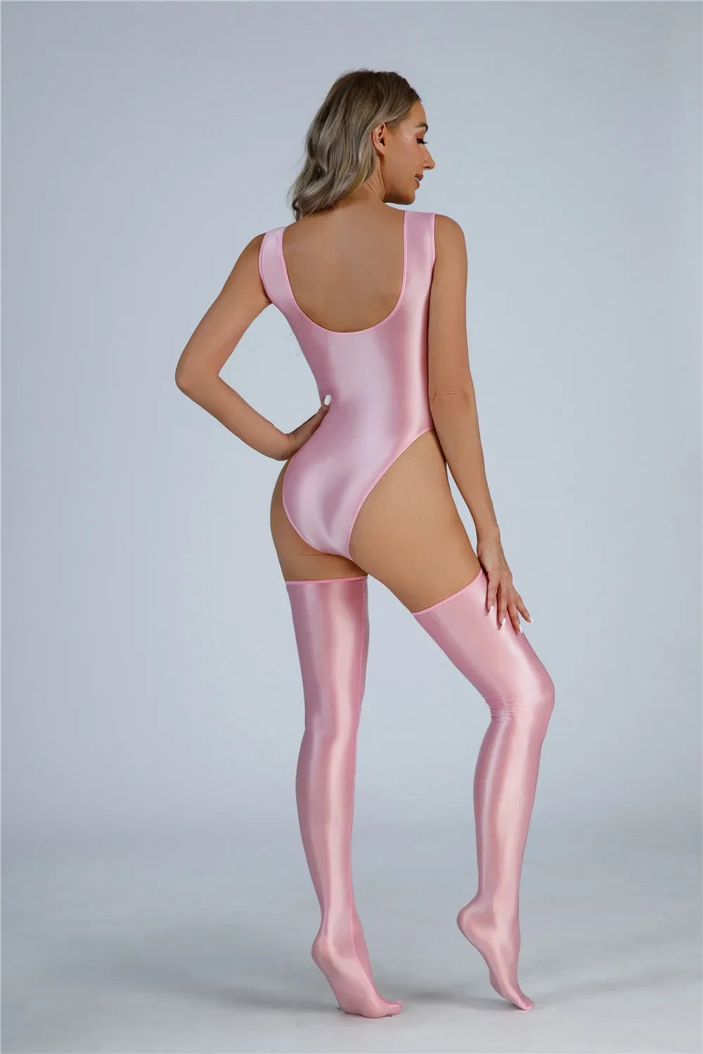 Women Candy Color Oil Glossy Elastic Bodysuit Bodycon Rompers One-piece Swimsuit Silky Tights Satin Backless Shaper Sexy Leotard