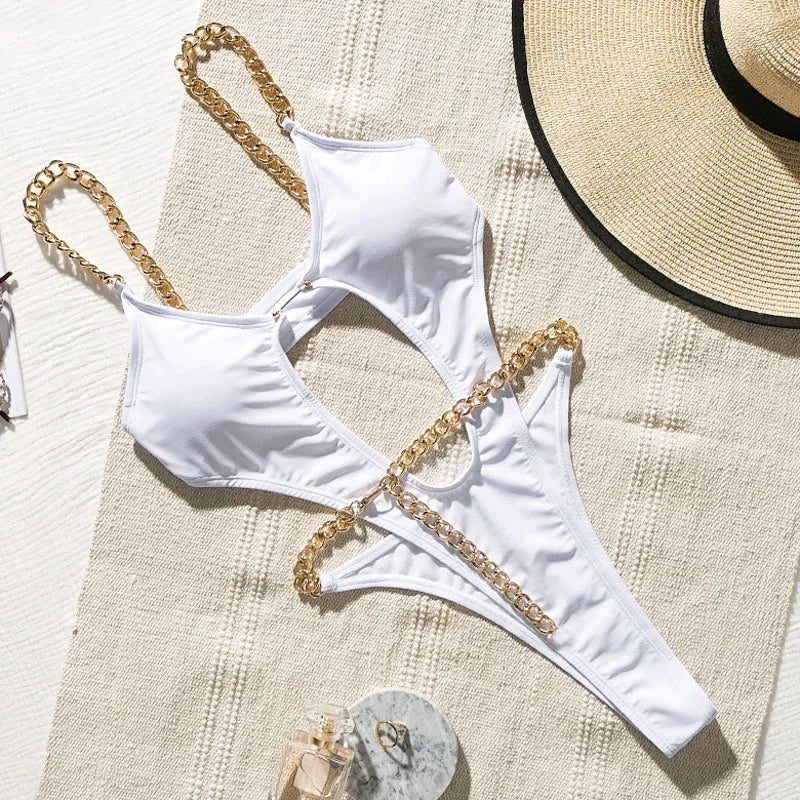 Sexy Metal Chains String High Cut One Piece Swimsuit Women Swimwear Female Monokini Tummy Cut Out Bathing Suit Swim Beach Wear Luxlife Brands