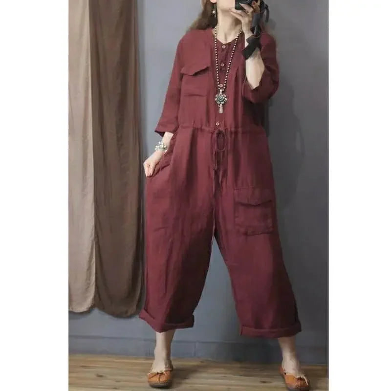 Cotton Linen Playsuit Oversize Jumpsuits Women Long Sleeve One Piece Outfit Women High Waist Pants Overalls for Women Clothes