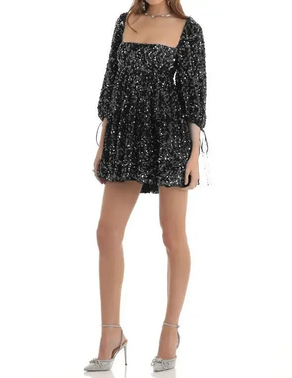 New Fashion Sexy Sequin Short Sleeve Square Neck Solid Color Slim Fit Dress For Women,5 Colors