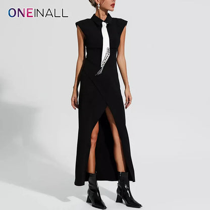 ONEINALL Fashion Patchwork Tie Dresses For Women Lapel Sleeveless High Waist Spliced Zipper Hollow Out Dress Female Summer New