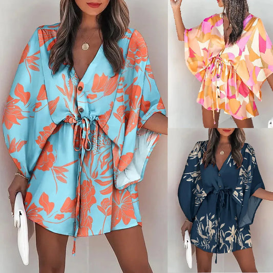 Summer Casual Drawstring Tie-Up Mini Loose Dress Fashion Print Batwing Sleeve Beach Dress Sexy Button V Neck Women Party Coverup