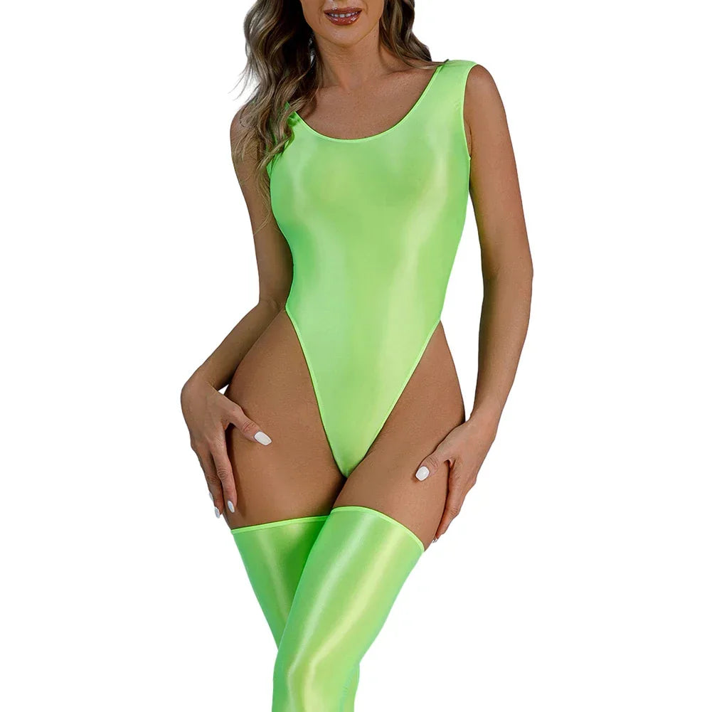 Women Sexy Oil Shiny Bodysuit Strap Solid Swimsuit High Cut Bikini Thong Leotard Thin Smooth Jumpsuit Summer Breath Nightwear