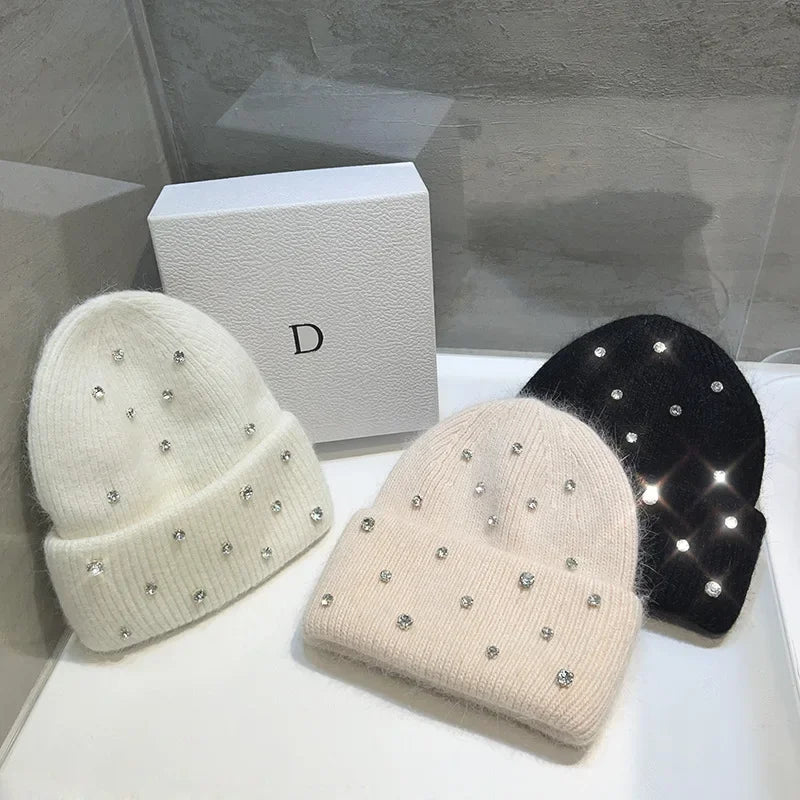 Luxury Rhinestone Beads Knitted Hat Korean Women Rabbit Fur Wool Skullies Cap Winter Fashion Thickened Warm Bonnet Beaanies Luxlife Brands