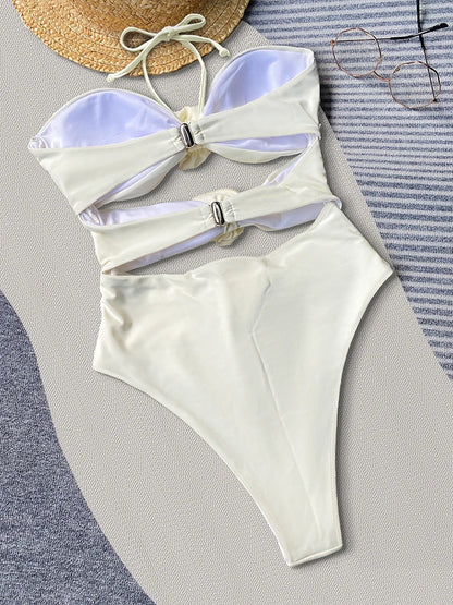 In-X Bride Swimwear 2023 New Women Beige One Piece Swimsuit Bikini Push Up Halter Swimwear Flower High Waist Bathing Suit Ladies LUXLIFE BRANDS