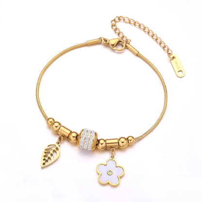 Spring White Flower Titanium Steel Bracelet with Enamel 18K Gold Plated Waterproof Non Allergy Jewelry for Women Girls Friends