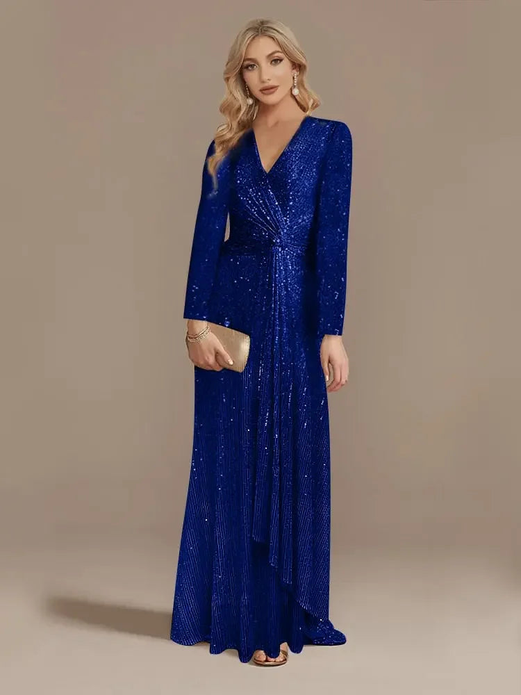Luxury Long Sleeve V-Neck Formal Evening Dress