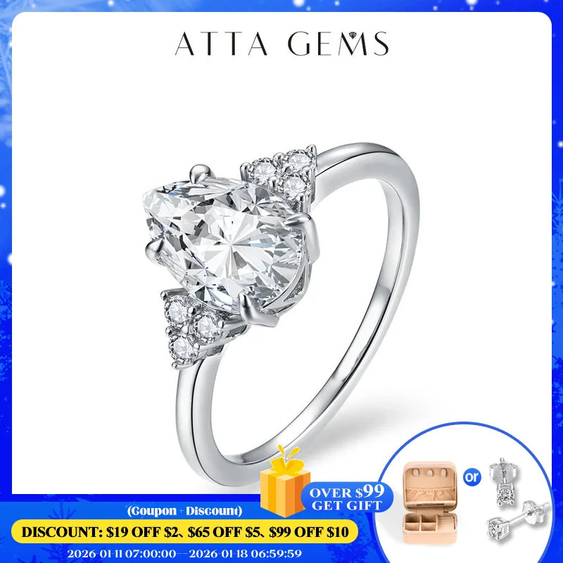 ATTAGEMS New Solid S925 Sliver 2.0ct Moissanite Rings for Women D VVS1 Pear Shape Diamond Engagement Wedding Fine Jewelry Gift