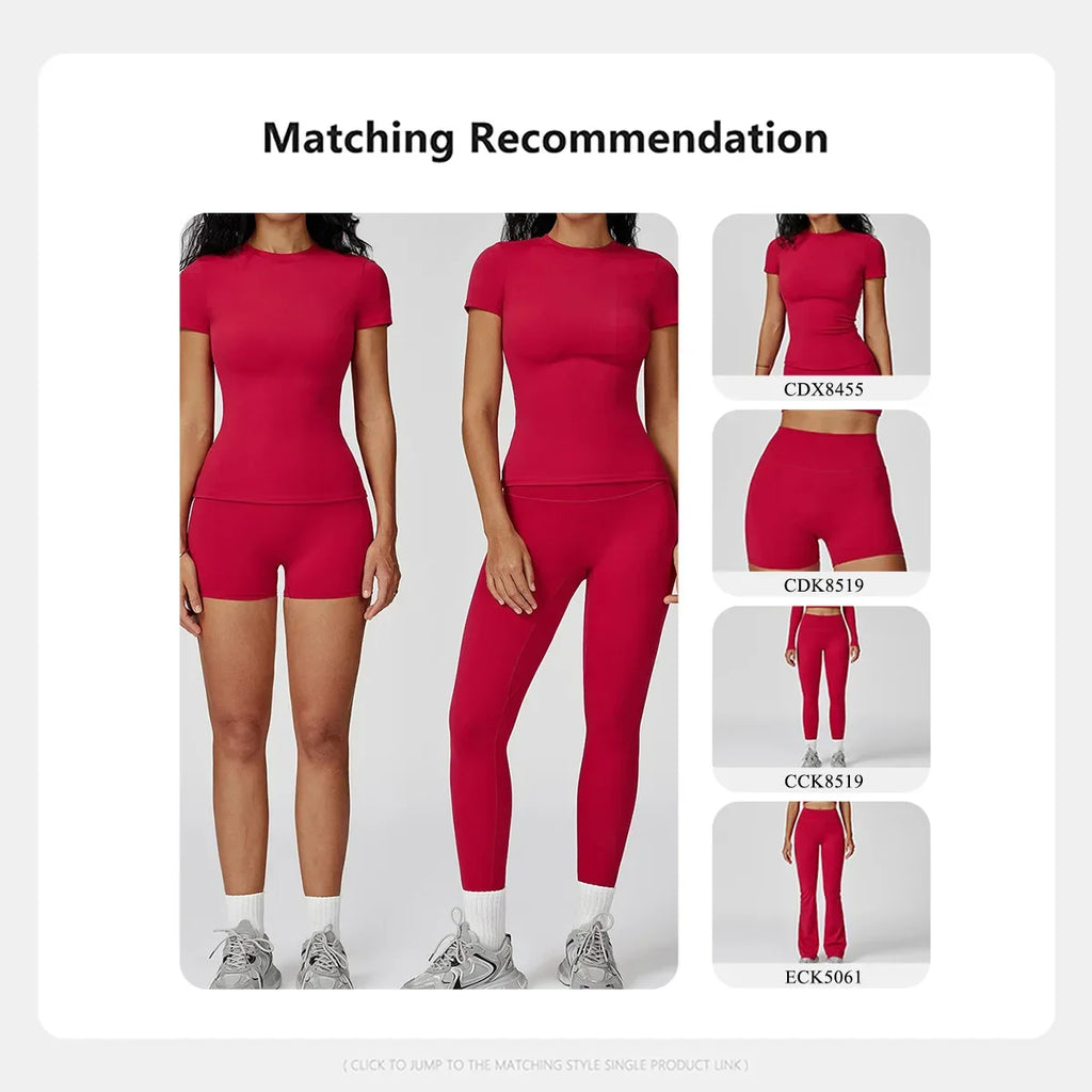 Hearuisavy Women 2 Piece Sport Pants Set Gym Sportswear Workout Short Sleeves Female Push Up Yoga Pants Running Fitness Clothing