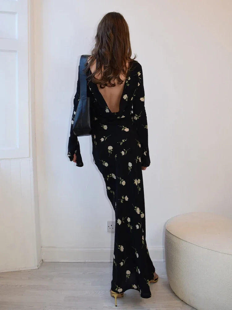 Chiffon Floral Print Long Sleeve Backless Maxi Dress LUXLIFE BRANDS