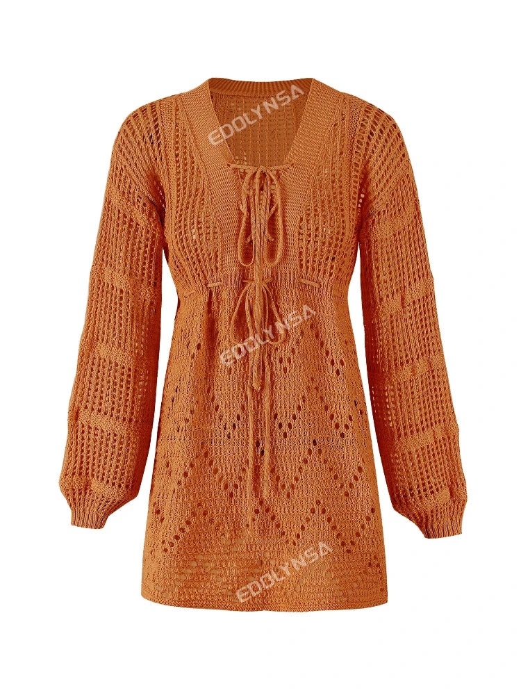Sexy Deep V-neck Lace-up Bell Sleeve Knit Mesh Hollow Out Beach Mini Dress 2025 Summer Swimsuit Cover Up Women Casual Tunic K14 Luxlife Brands