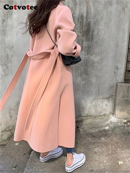 Cotvotee Solid Wool Coats for Women 2023 Fall Winter New Korean Long Sleeve Turn Down Collar Coats Loose Button Up Long Jacket LUXLIFE BRANDS