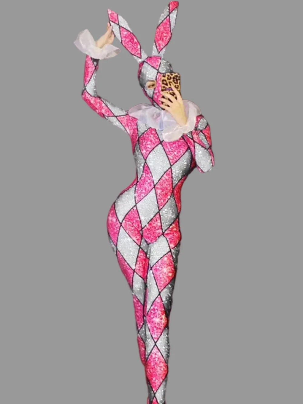 Futuristic Geometric Rhinestone Bunny Bodysuit – Luxury Showgirl Stage Costume & Exotic Festival Leotard with Statement Collar