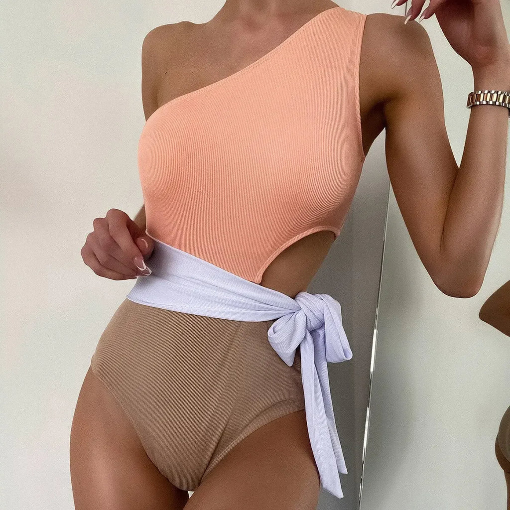 Patchwork One-Piece Swimsuit Women&#39;s Plain One-Shoulder Midriff Outfit Strap Bikini Set Swimwear Women 2023 Seaside Bathing Suit