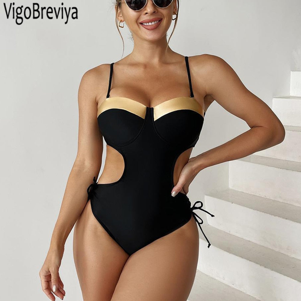 VigoBeviya 2023 Black Strapped Swimwear Women Sexy Hollow Push UP One Piece Swimsuit Monokini Blackless Beach Bathing Suit