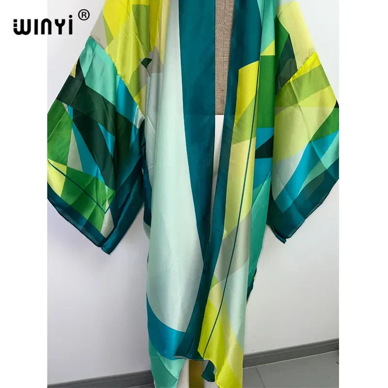 2022 WINYI Summer Beach Wear Swim Suit Cover up boho fashion printing elegant sexy Holiday party long Sleeve Cardigan dress