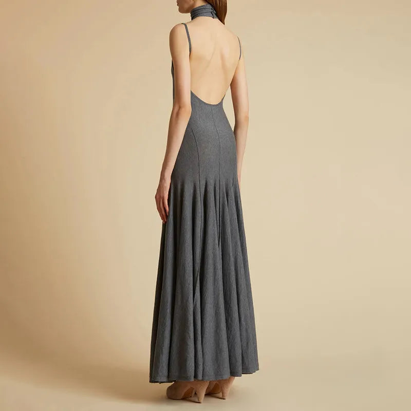 ONEINALL Backless Sexy Dresses For Women Stand Collar Sleeveless Off Shoulder High Waist Solid Slim Pleated Maxi Dress Female