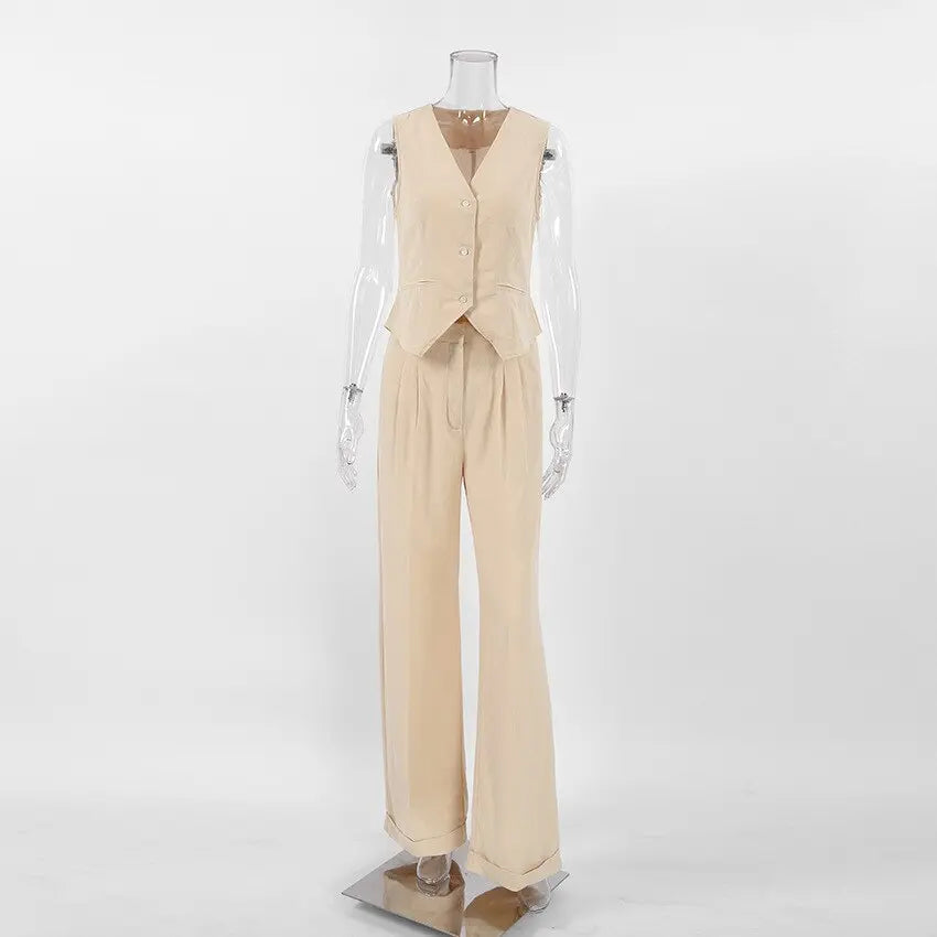 Home Suit for Women Elegant Women 2 Pieces Sets Cotton Linen V-Neck Sleeveless Vest Outfit Summer Vacation Wide Leg Pant Sets