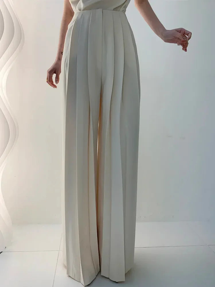 GALCAUR Casual Summer Wide Leg Pants For Women High Waist Ruched Solid Minimalist Trousers Female Fashion Clothes Style New 2022 LUXLIFE BRANDS