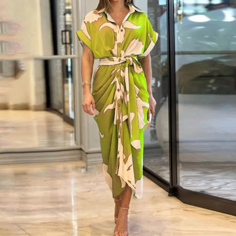 HOUZHOU Green Elegant Dress Women Art Print Lapel Short Sleeve Single Row Button Tie Up Pleated Design Shirt Dresses Female