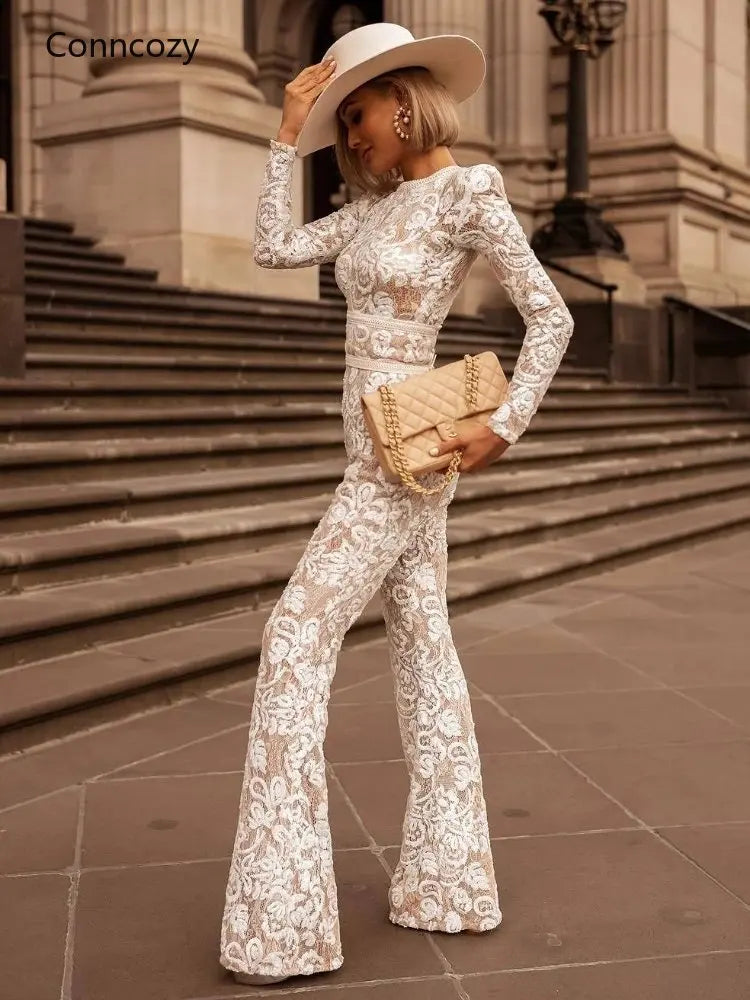 Spring Sexy Jumpsuits Elegant Chic Women Hollow Out Lace Jumpsuits Long Sleeve High Waist Tight Evening Party Overalls White LUXLIFE BRANDS