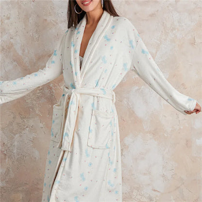 Women Y2k Fruit Robe Fleece Shawl Collar Bathrobe with Belt Cozy Spa Long Robe Open front Nightgown Loungewear LUXLIFE BRANDS