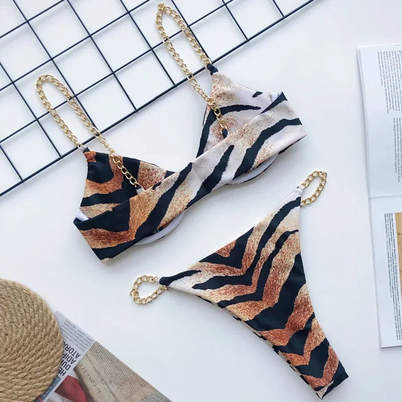 Sexy Metal Chains String High Cut One Piece Swimsuit Women Swimwear Female Monokini Tummy Cut Out Bathing Suit Swim Beach Wear