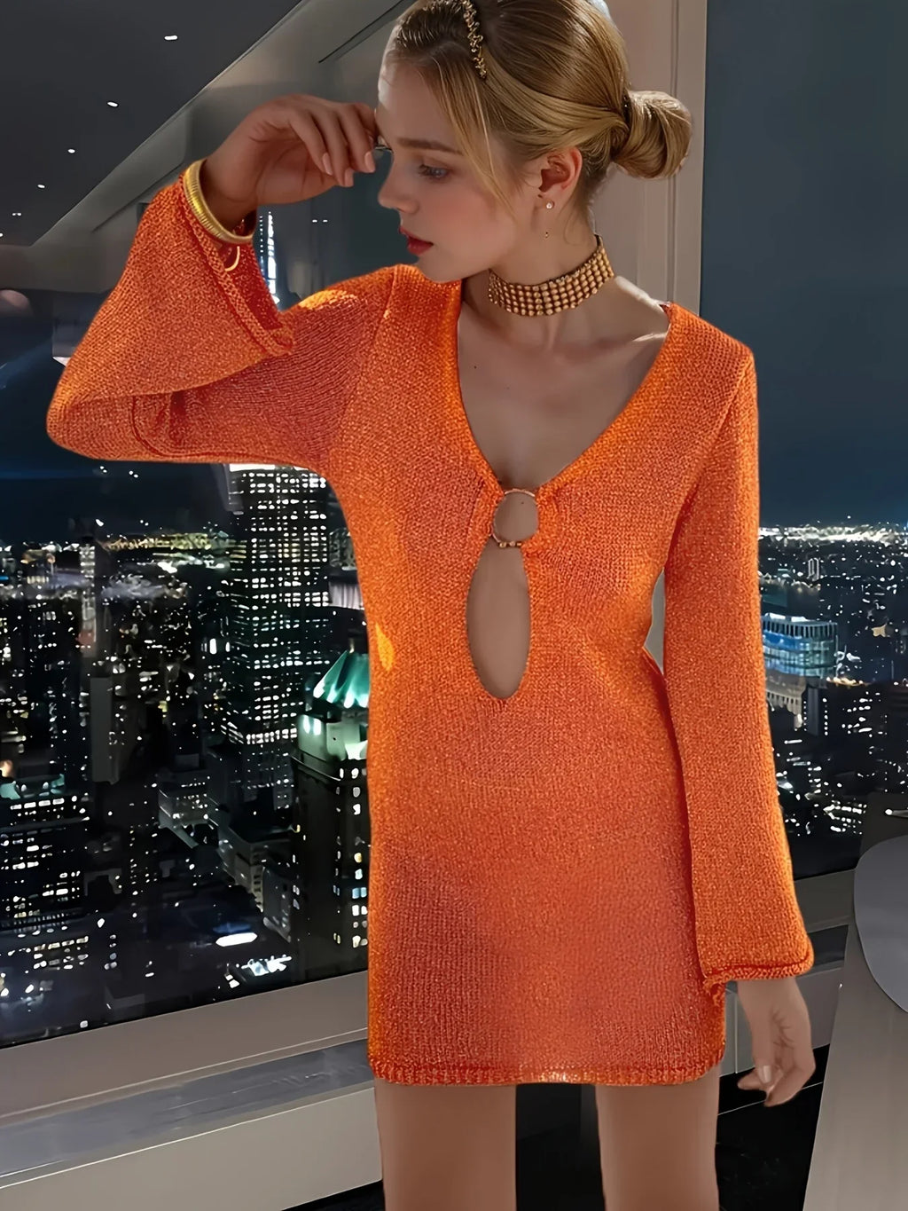 Sexy V Neck Flared Sleeve Slim Knitted Mini Dress 2024 Autumn / Winter Women's Elegant Long Sleeve Vacation Short Dresses A2917