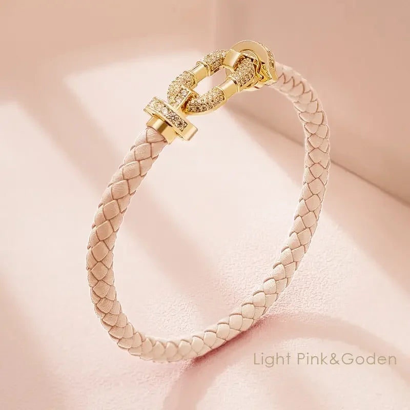 MOONLIGHT Women's Trendy Round Metal Brand Genuine Braided Leather Bracelet Cubic Zirconia Bracelet Female Jewelry Accessories