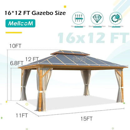 Outdoors 12x16FT Hardtop Gazebo,Wooden Finish Coated Aluminum