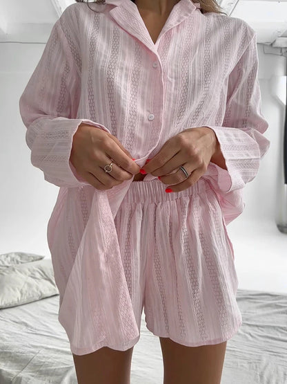 Aynaray 2024 Summer Autumn Women Homewear Sleepwear Pajamas Sets Suit Solid Pink Long Sleeve Sleep Tops Shorts Sets