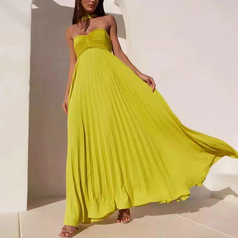 ONEINALL Solid Wedding Evening Long Dresses For Women Strapless Sleeveless Backless High Waist Elegant Folds Dress Female Summer