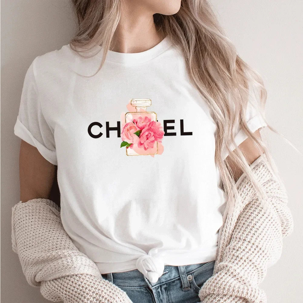 Women Summer T-Shirt Alphabet Flowers Perfume Print Cotton Tees Luxury Short Sleeve Tee Solid Color Street Y2K Top Female Cloth LUXLIFE BRANDS